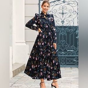 Shein NWT Navy Blue Tie Neck Floral Print Pleated Hem Maxi Dress Size XL
